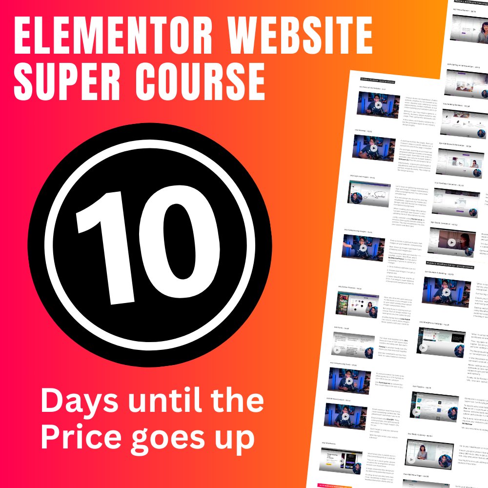 ImranWebsites's tweet image. Pssst - there will be No Black Friday deal for the Web Design Course.
Our Mega-Low Price has to go up in 10 Days on 1st November 2023.
The countdown has begun.
learn.websquadron.co.uk
#WordPress #Elementor #WebDesignCourse #NoBlackFriday