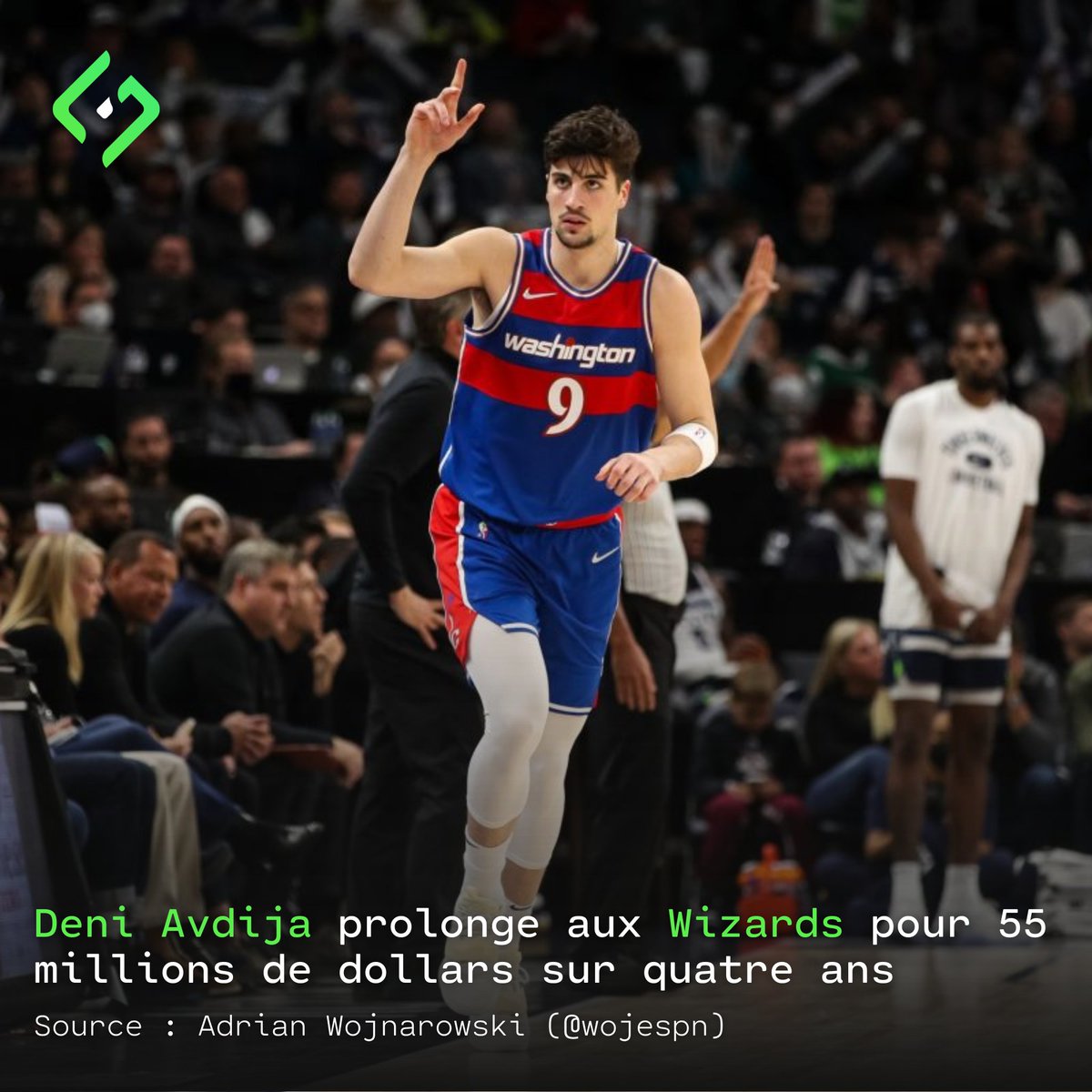 💰PROLONGATION 

Deni Avdija drafté en 2020 par Washington prolonge dans la capitale pour 55 millions de dollars sur quatre ans. 

(via <a href="/wojespn/">Adrian Wojnarowski</a>)