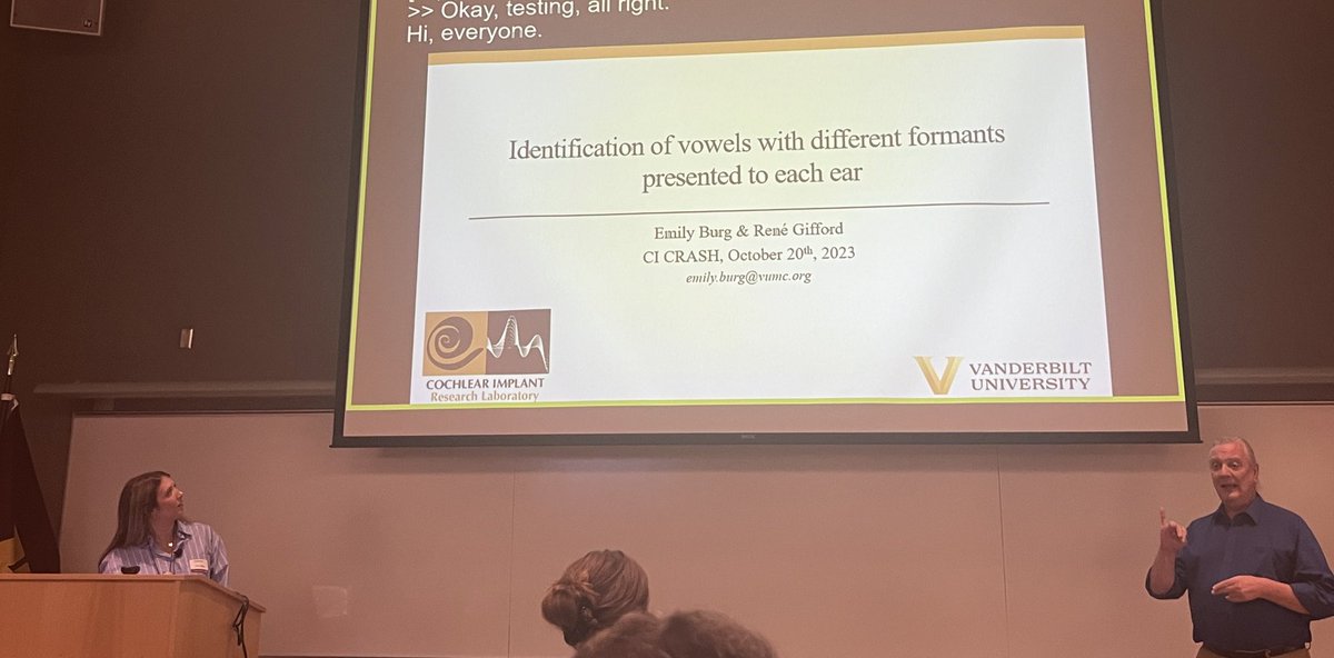 @IHEARLAB Postdoc, Emily Burg, gave a great presentation on her new project with @rhgifford and @duane_g_watson looking to improve vowel perception in #cochlearimplant users at CI CRASH hosted by @UMN_CATSS!