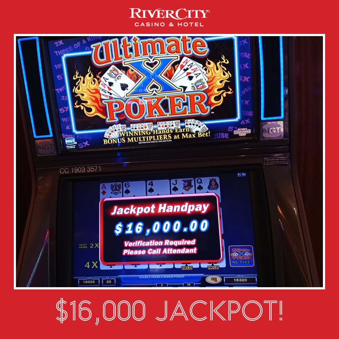 rivercitycasino's tweet photo. Video Poker is sizzling with excitement! โ ๏ธ We've got another big winner on Ultimate X Poker. Congratulations to this #jackpot winner on hitting $16,000! ๐ค
#videopoker #ultimatexpoker https://t.co/ATt4pkzWFG