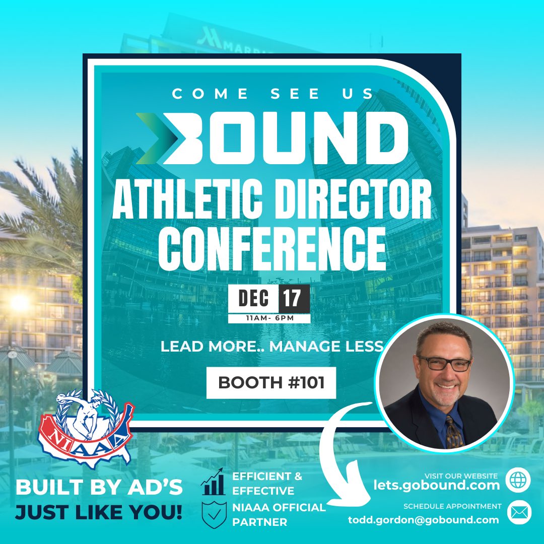 PocketAD_'s tweet image. Join us at the National Athletic Director Conference @NIAAA9100 @NFHS_Org in Orlando, FL on Dec 17, 11am-6pm at Booth 101. Discover how Bound can be a game-changer for your role as an AD saving you time, So you can Lead More &amp;amp; Manage Less. See you there! #ADConference