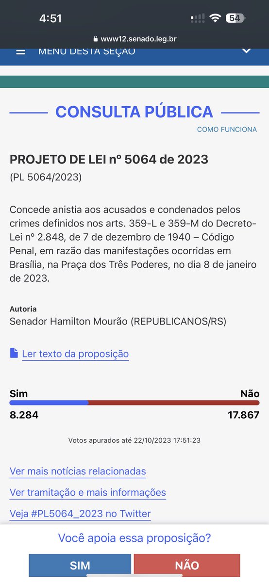 🚨🚨🚨URGENTE🚨🚨🚨 🚨Fiquem ligados e VOTEM🚨 Consulta pública on-line para conceder anistia para os presos do 8 de janeiro. 👇 Como assim o “NÃO” ESTÁ NA FRENTE ? www12.senado.leg.br/ecidadania/vis… www12.senado.leg.br/ecidadania/vis…