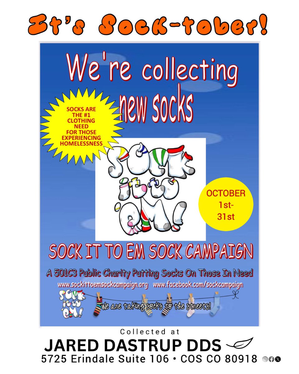 JaredDastrupDDS's tweet photo. Our sock theme this week was “mismatched.” We’ve entered the last half of the month to accept new socks for the homeless 🧦🧦 Help spread the word and let’s keep those donations coming! #Socktober https://t.co/3q4TJJwIKO
