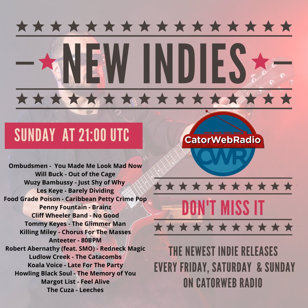 #OnAirNow #NewIndies
@tomhoustonmusic 
@budsmeh
#WillBuck
@wuzybambussy
@Arad_Studio
@food_grade
@pennyfountainb
@MacWheelMusic
@TommyKeyesMusic
@KillingMiley
@mikekelley579
@rabernathy41 
#LudlowCreek
@KoalaVoice
@HBStheband
#MargotList
#TheCuza