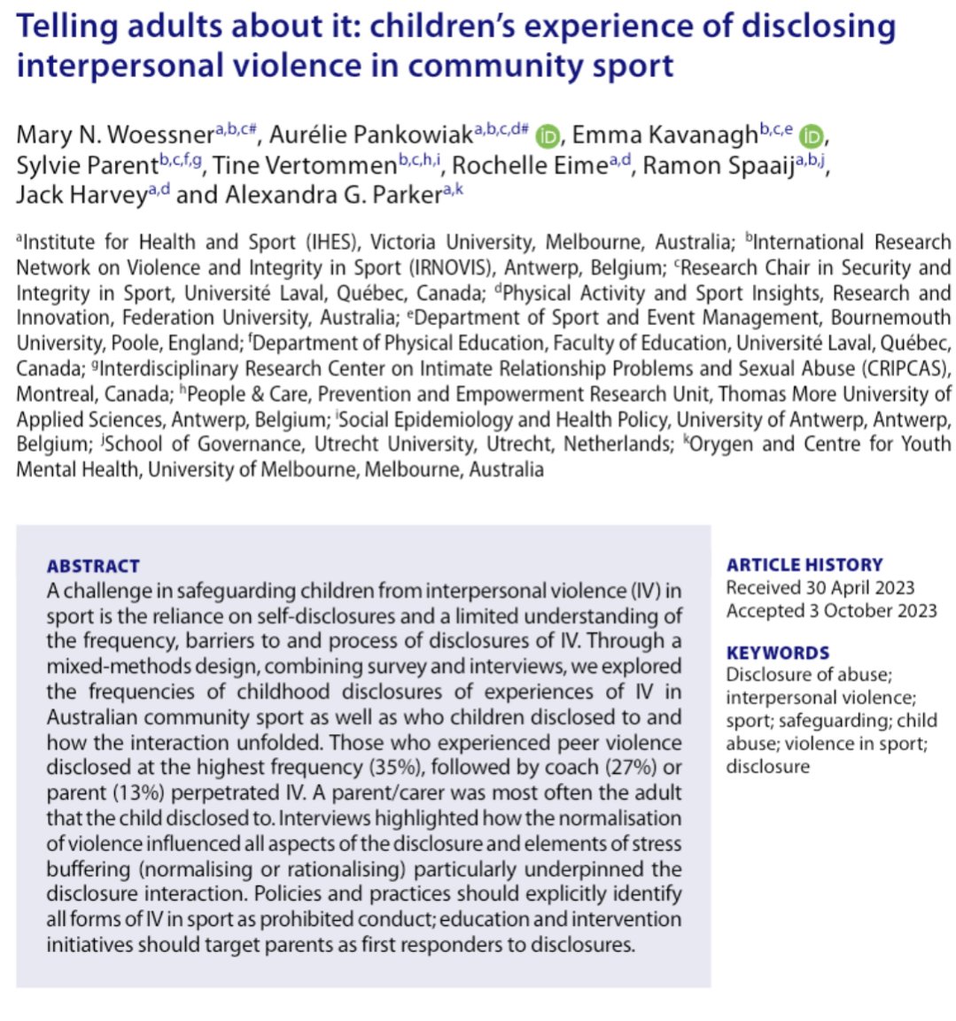 In our new study (survey + interviews), we found that less than half of the children who experienced abuse in community sport ever spoke with an adult about it. #safesport #abuseinsport tandfonline.com/doi/full/10.10…