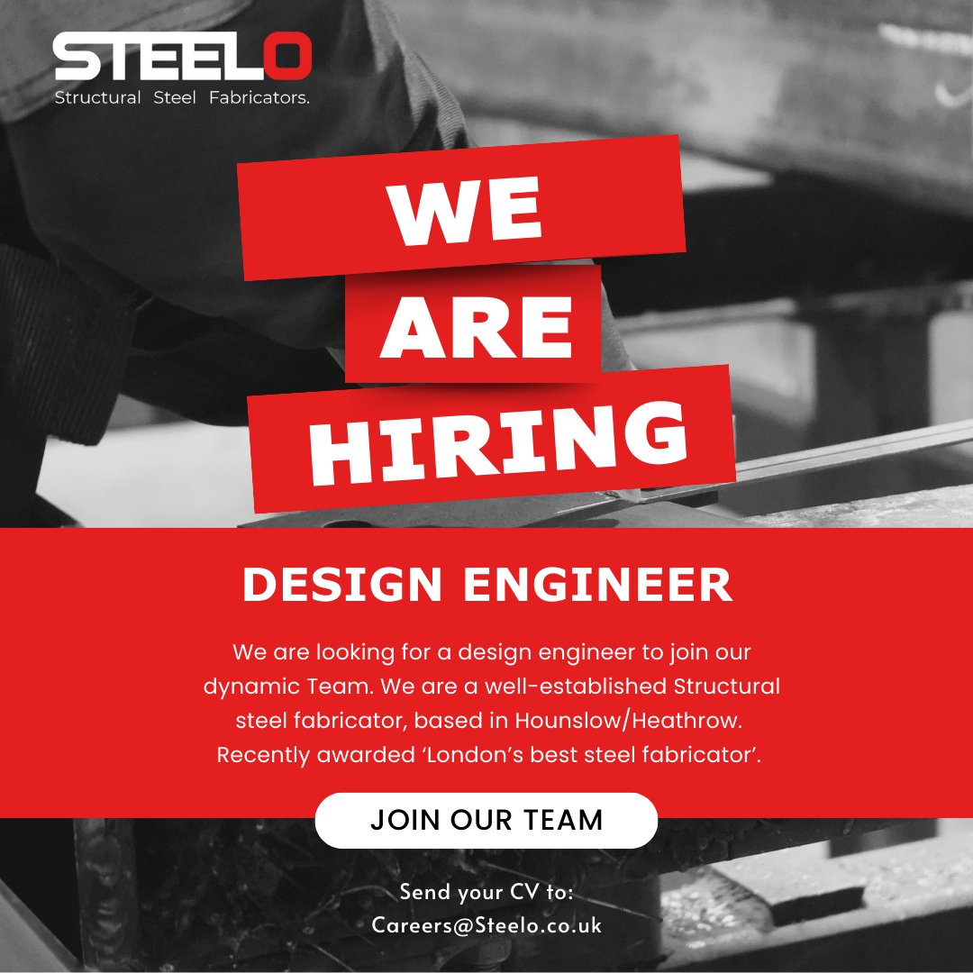 WE ARE HIRING!

We are looking for a design engineer to join our dynamic Team!

Visit our careers page for more information: steelo.co.uk/vacancies/

OR

Email your CV to: Careers@steelo.co.uk

#NewCareer #Hiring #designengineer #EngineeringCareers #WEARESTEELO #structuralsteel