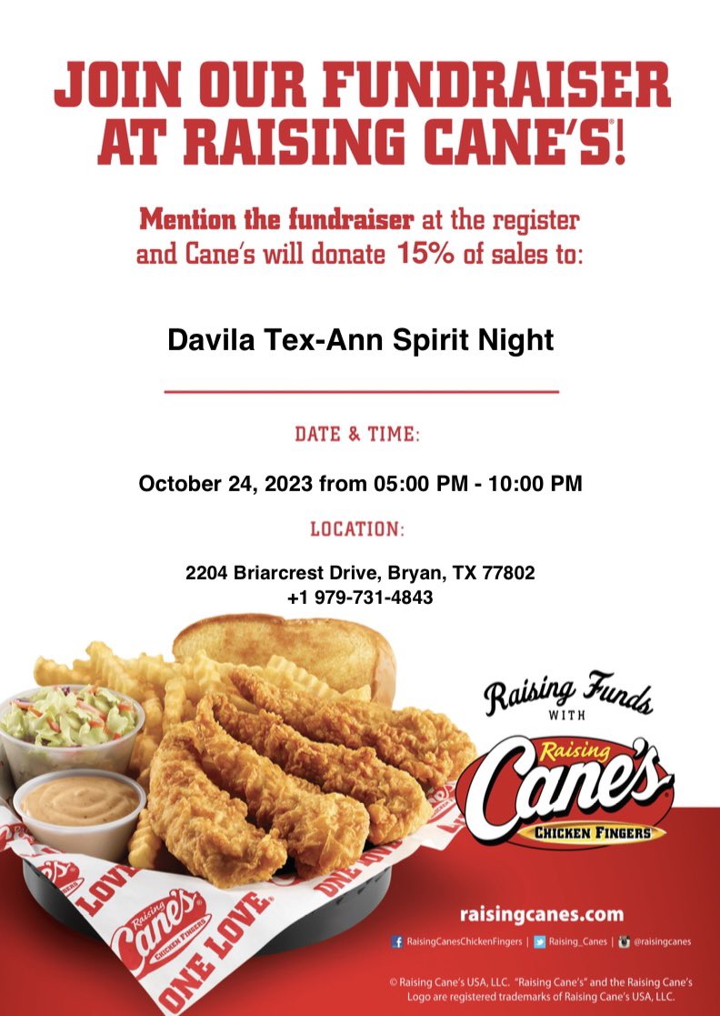 Don’t want to cook dinner Tuesday night? Eat at Canes and support the <a href="/DavilaMS_BISD/">Davila MS</a> Tex-Ann Dance Team!