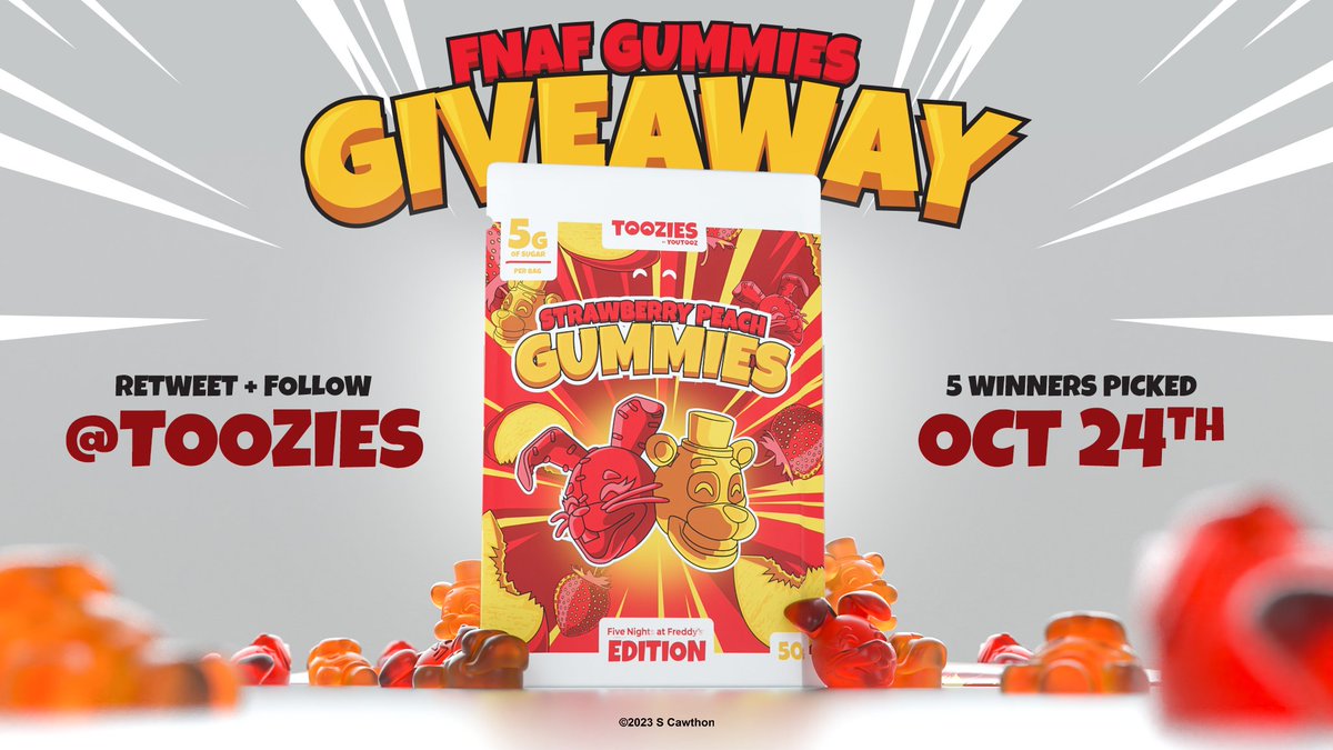 want to be the first to taste the #fnaf edition gummies 🤔 giving away 3 of the 500 subscriptions dropping tuesday 😳 just retweet + follow @toozies to enter! winners announced in 48 hours 🍬