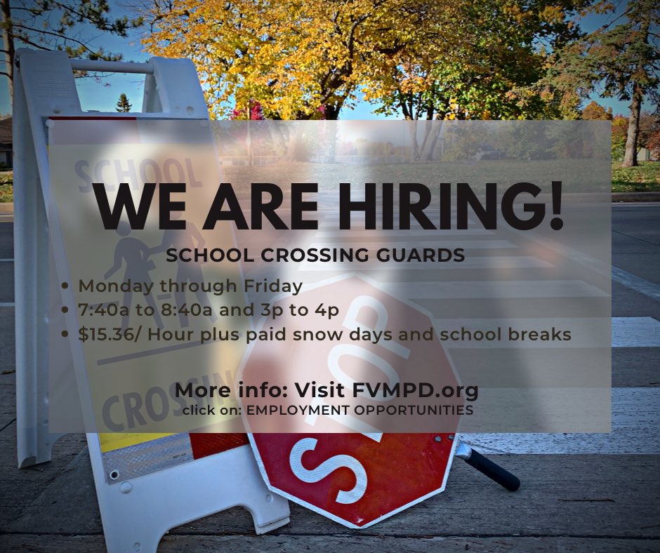 We’re hiring crossing guards! For more information visit: wi-littlechute2.civicplus.com/Jobs.aspx?Uniq…