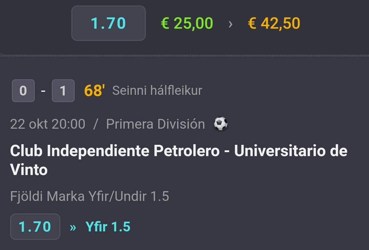 Inplay single 
Bolivia Clausura
Independiente Petrolero - Universitario De Vinto
Over 1.5 Match Goals ⚽️
Odds 1.7 📊