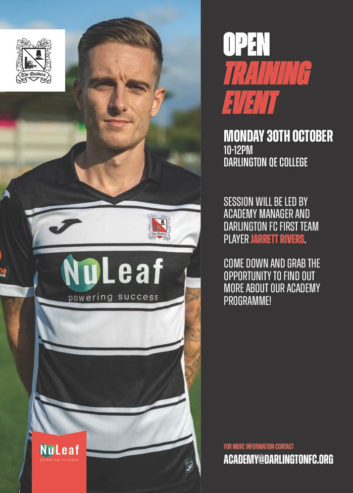 Official_Darlo's tweet photo. 📋 Academy Open Training Event

Our Academy will be holding an open training event on Monday 30th October from 10am-12pm.

For more information about the event you can email academy@darlingtonfc.org

#WeAreDarlo #YourClub https://t.co/oEkCV69y64