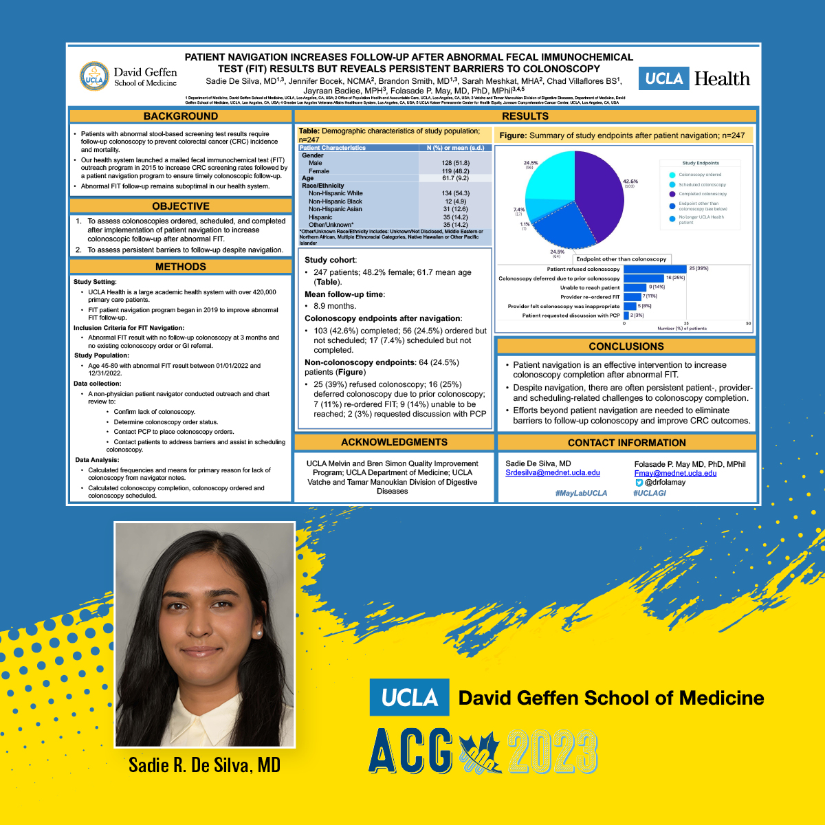 Patient Navigation Increases Follow-Up after Abnormal FIT Results but Reveals Persistent Barriers to Colonoscopy

🌟Sadie De Silva, MD
👥Jennifer Bocek <a href="/BrandonCSmithMD/">Brandon C. Smith, MD</a> Sarah Meshkat Chad Villaflores <a href="/jbadmph/">Jayraan Badiee, MPH</a> <a href="/drfolamay/">Fola May, MD PhD</a>

👉Monday, October 23
👉10:30am-4:15pm
#ACG2023 #MayLabUCLA