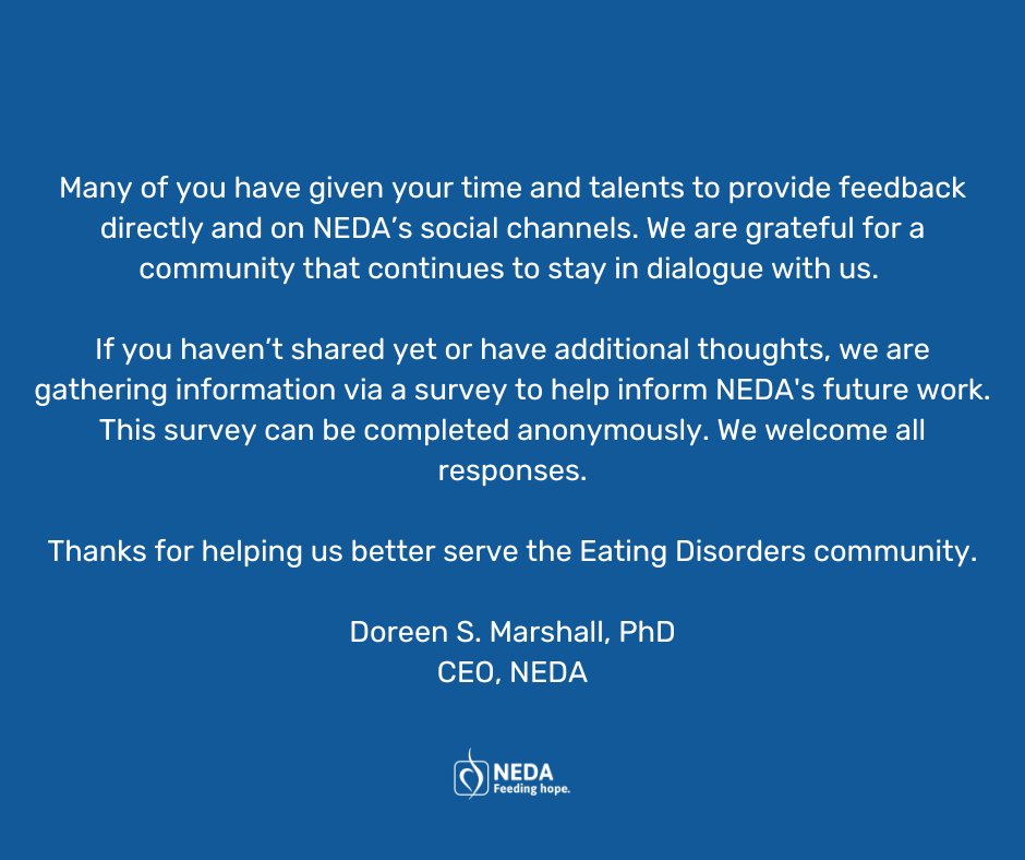 If you haven’t shared yet or have additional thoughts, we are gathering information via a survey to help inform NEDA's future work. You can access the survey here: forms.gle/DBMuSa6hQBDqgU… Thanks for helping us better serve the Eating Disorders community.