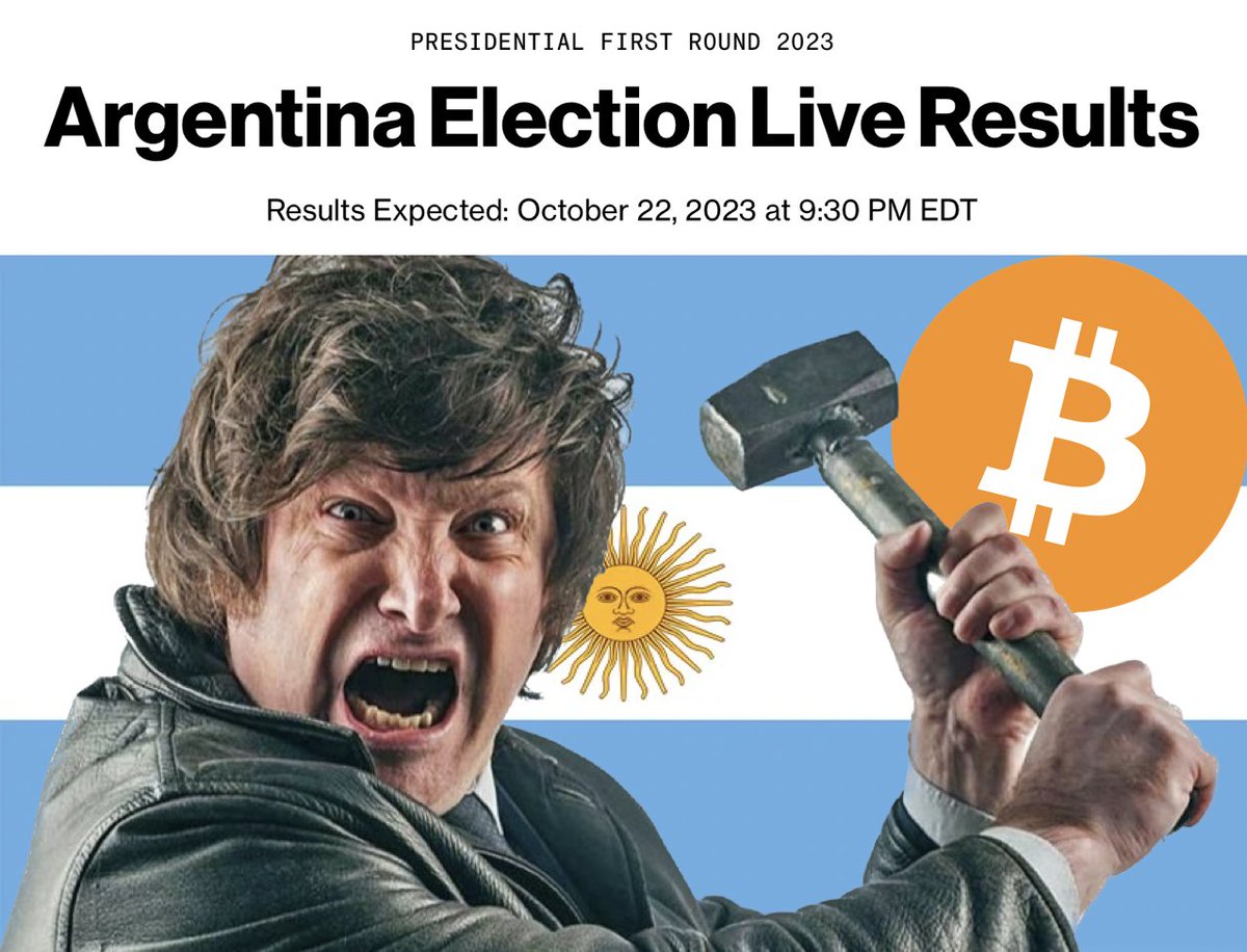 TheBTCTherapist's tweet photo. #Bitcoin is the hammer of truth 🔨

Argentina's inflation is over 138%.

Poor monetary policy has ruined the country.

Javier Milei is a pro-Bitcoin economist.

He is leading the Presidential race.

We are witnessing a historic moment. 

Expect results TONIGHT. Will update here. https://t.co/RZRFrpO3qp