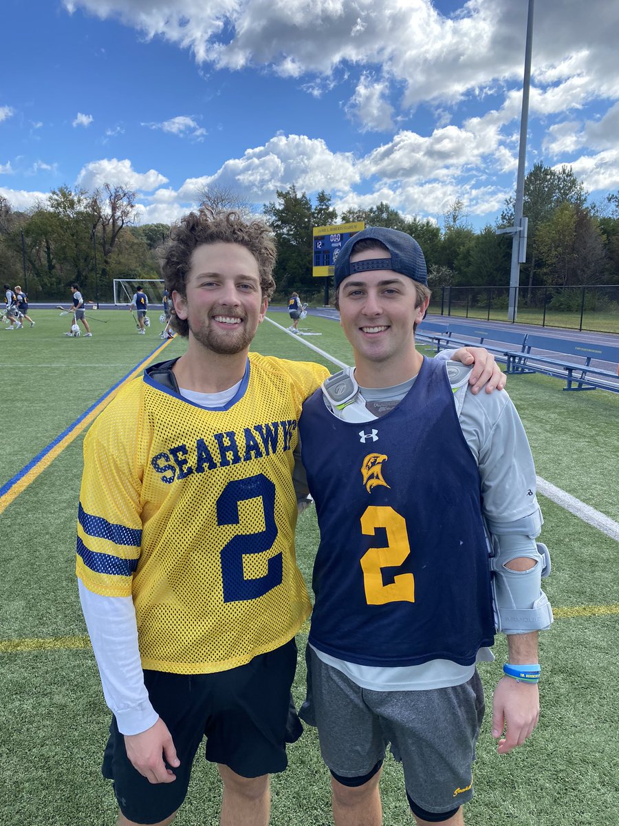KPreis's tweet photo. A lot of fun seeing @SMCMLacrosse take on the alumni yesterday. Even better seeing these two 2’s square off. Keegs with this BTB assist, but he couldn’t score on Kyrle. https://t.co/VidkywyWs2