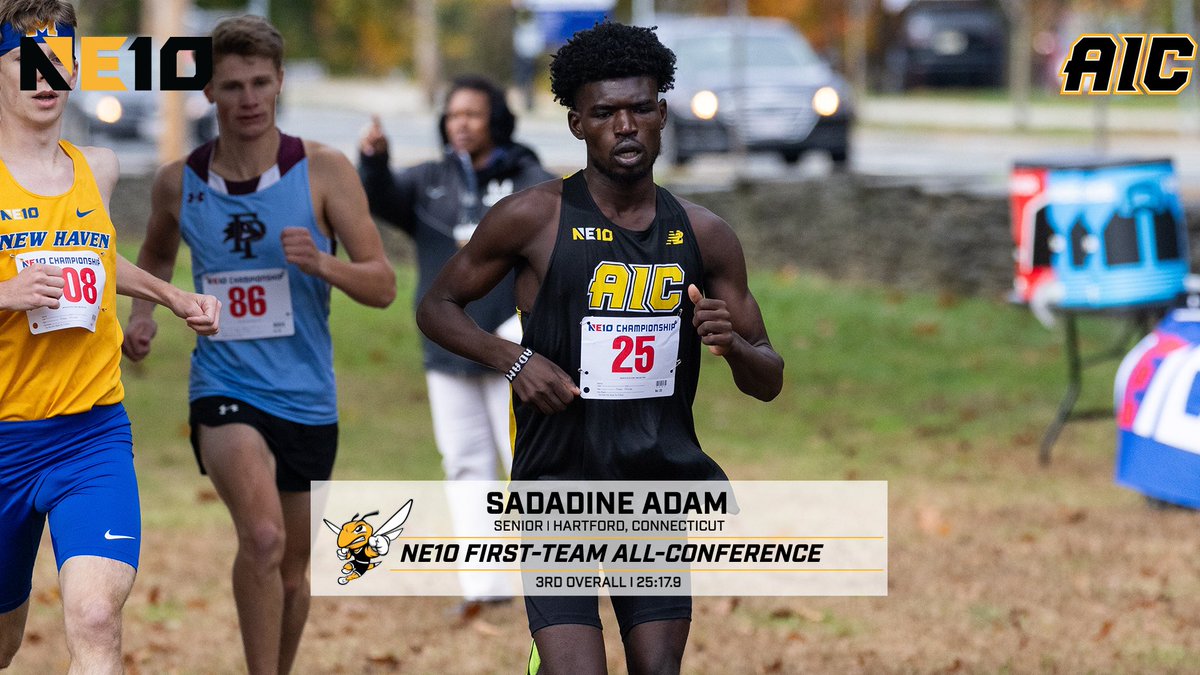 Sadadine Adam turned in a fantastic showing for @AICXCTF at the NE10 Championship today, and his third-place finish netted him First-Team All-Conference honors!

#AICommitted #NE10Embrace