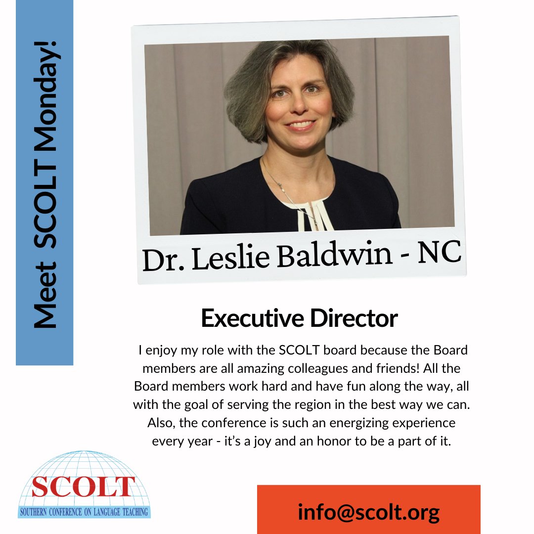 _SCOLT_'s tweet photo. π£π
π
π
π
£ SCOLT π
π
π
π
π
π
¨ π£
β¨ Our βππππππππ₯ this week is Dr. Leslie Baldwin @Lwbaldwin who serves as SCOLT's Executive Director β¨
Additionally, #langchat if you have ever wondered how YOU can serve on the #SCOLT Board, then visit https://t.co/dNNCGg591e https://t.co/tXoSNcwoKf