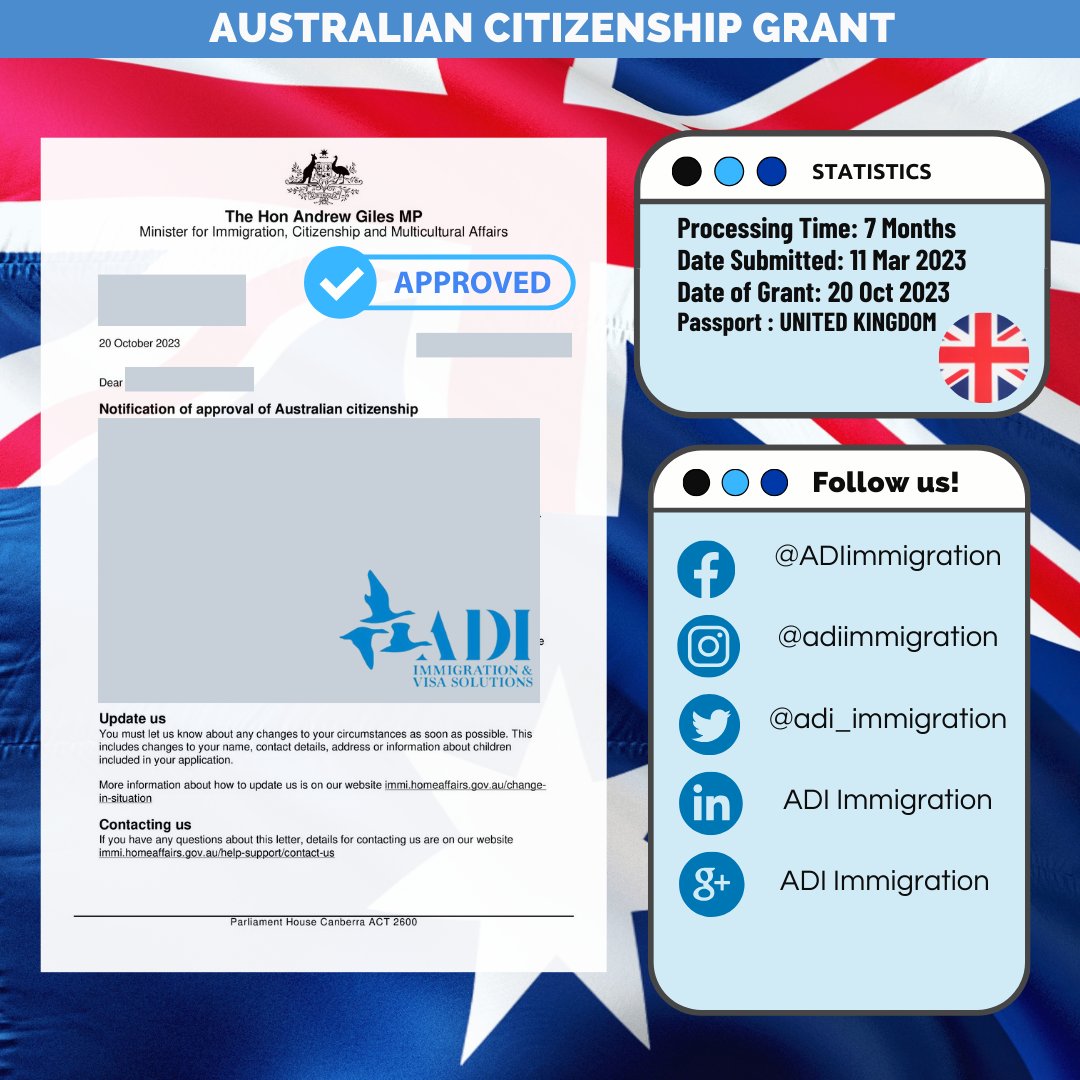 adi_immigration's tweet image. Citizenship unlocked! 🔓 a dream come true! 🌏 Today, Cheers to a new chapter in your life! Congratulation🍷🎉
Date Submitted: 11 Mar 2023
Date Approved: 20 Oct 2023
Congratulations to our client from the United Kingdom! 🇬🇧
#permanentntvisa
#migrationagent #Citizen