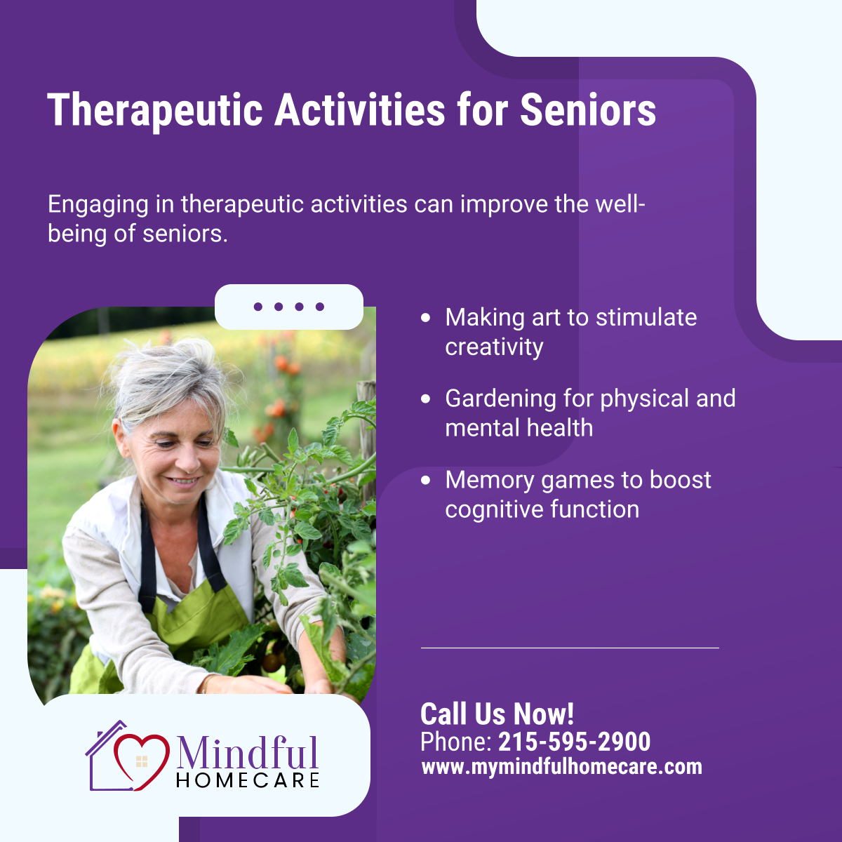 mindful_hc's tweet photo. Discover therapeutic activities that can enhance the physical and emotional health of seniors. You can integrate the activities we suggest to boost your daily living. 

#TherapeuticActivities #PhysicalHealth #EmotionalHealth #Seniors #Homecare #DublinPA https://t.co/gO08g7ZDJg