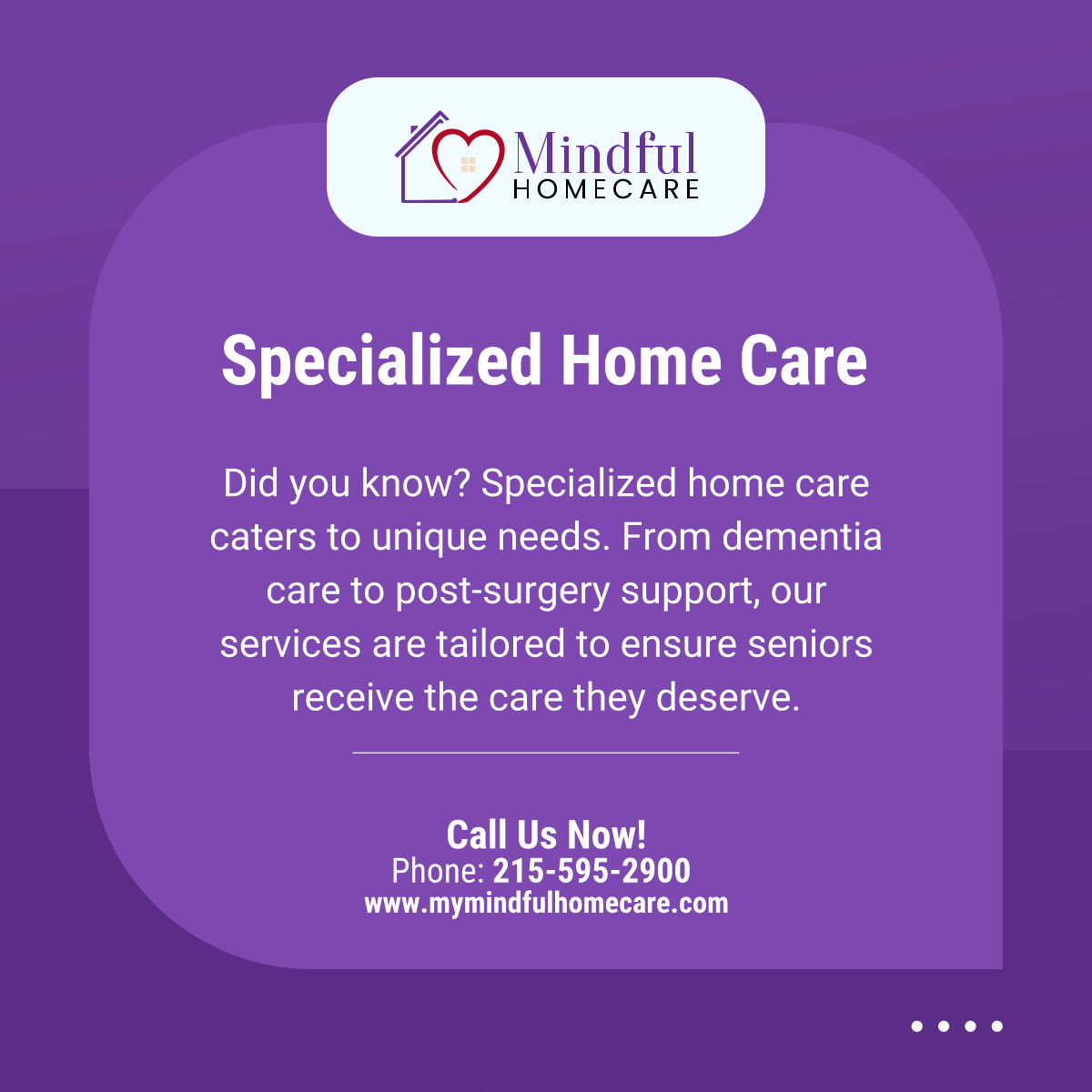 mindful_hc's tweet photo. Explore our specialized home care services that are beneficial for your loved ones. We strive to improve their overall health.

#OverallHealth #SpecializedHomeCare #Seniors #Homecare #DublinPA https://t.co/7Iua1lHoVQ