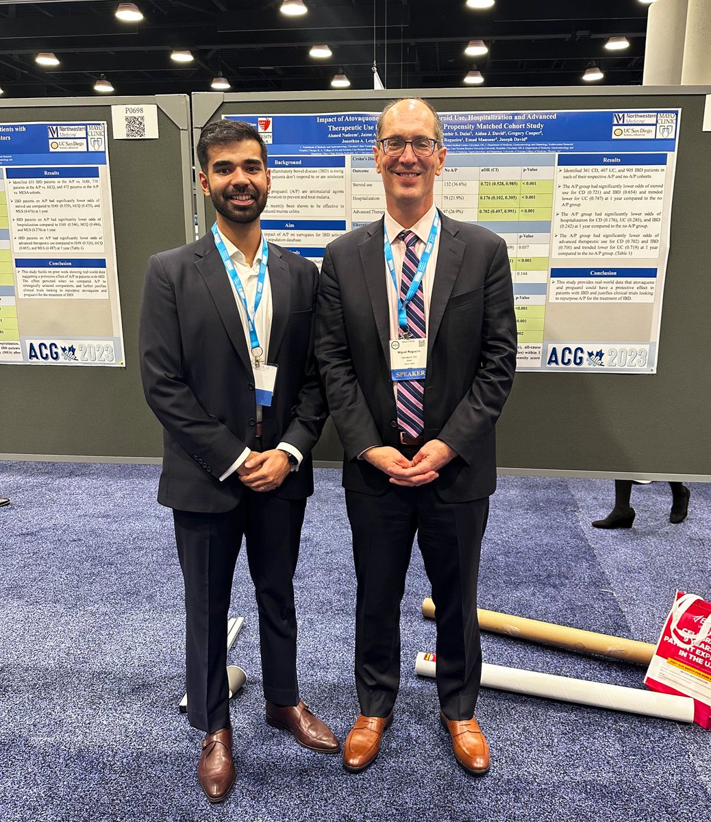 AhmedNadeemMD's tweet photo. An honor presenting 2 of our papers today at #ACG2023 highlighting the Impact of Atovaquone and Proguanil on #IBD surrogate markers- Grateful for the ⭐️ mentorship of @MRegueiroMD @EmadMansoorMD @JLeightonMD @PDulaiMD @NMH_SHanauerMD #JoeDavid
@CCF_IMCHIEFS @AmCollegeGastro https://t.co/7bCNiCrD5j