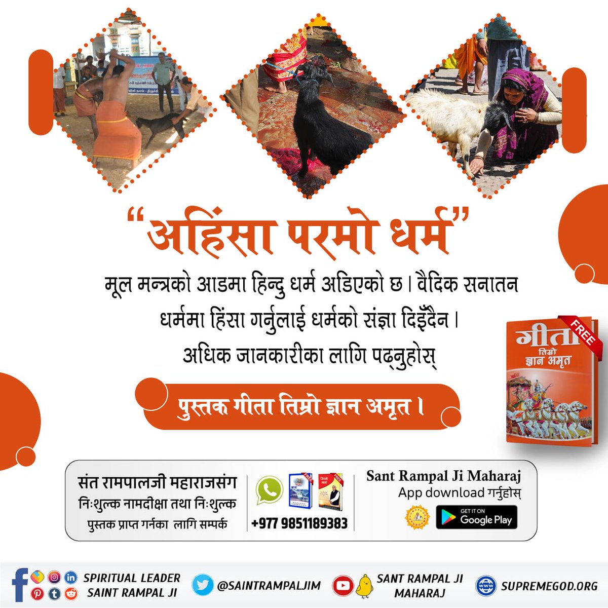 अहिंसा परमो धर्म:" मूल मन्त्रको आडमा हिन्दु धर्म अडिएको छ। वैदिक सनातन धर्ममा हिंसा गर्नुलाई धर्मको संज्ञा दिइँदैन।
#बलिप्रथा_बन्द_गर