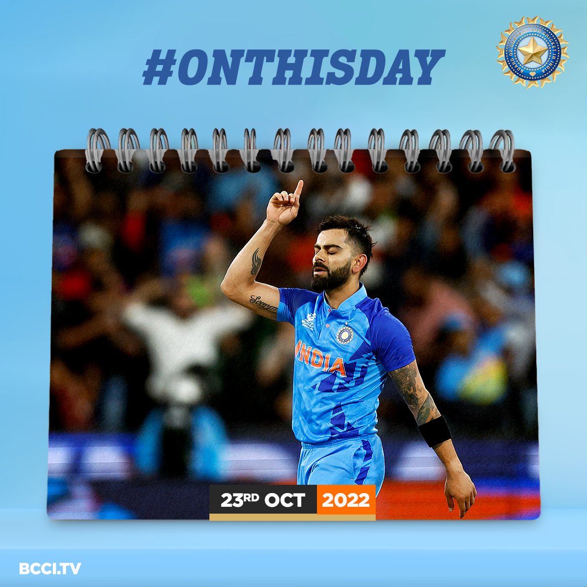 BCCI's tweet photo. 🗓️ #OnThisDay in 2022

An iconic 82* from Virat Kohli in a roller coaster 🎢 encounter at the MCG powered #TeamIndia to a memorable win in the ICC Men’s T20 World Cup 2022 👏🏻👏🏻 https://t.co/nv2TK4rgKM
