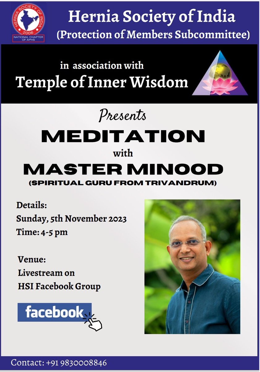 Doctors often struggle with their own health. Burnouts, cardiovascular events &amp; mental health issues are on the rise.

"Meditation &amp; Mind Training" Session with Master Minood is a step in that direction

Sunday 
5th November 
4-5 pm - HSI Facebook page

facebook.com/groups/hernias…