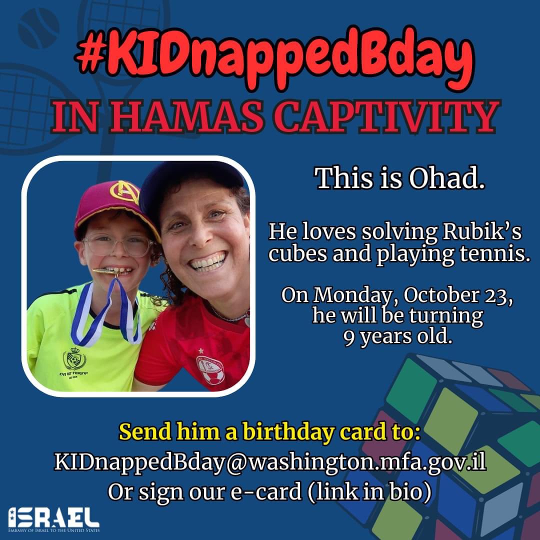 tammybenhaim's tweet photo. Monday morning October 23. 17 days since babies and children have been kidnapped &amp; are still held hostage by the Hamas terror organization. Today is Ohad’s 9th birthday. Ohad should be celebrating at home with his loving family. #Hamas is ISIS #HamasWarCrimes #BringThemBack https://t.co/44rjX7GZLI