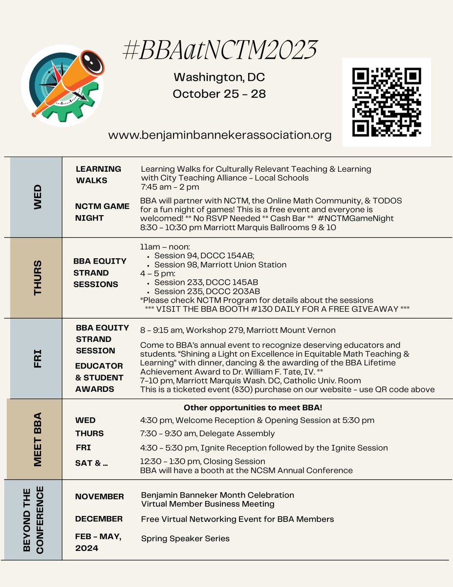 BBA members and friends please be advised! It is best to purchase your Friday 7pm teacher banquet/dinner ticket in advance. We need to give the hotel a count by Tuesday. You know the drill 😆 See you in DC! 🎉 #NCTMDC23 #iteachmath @bbamath