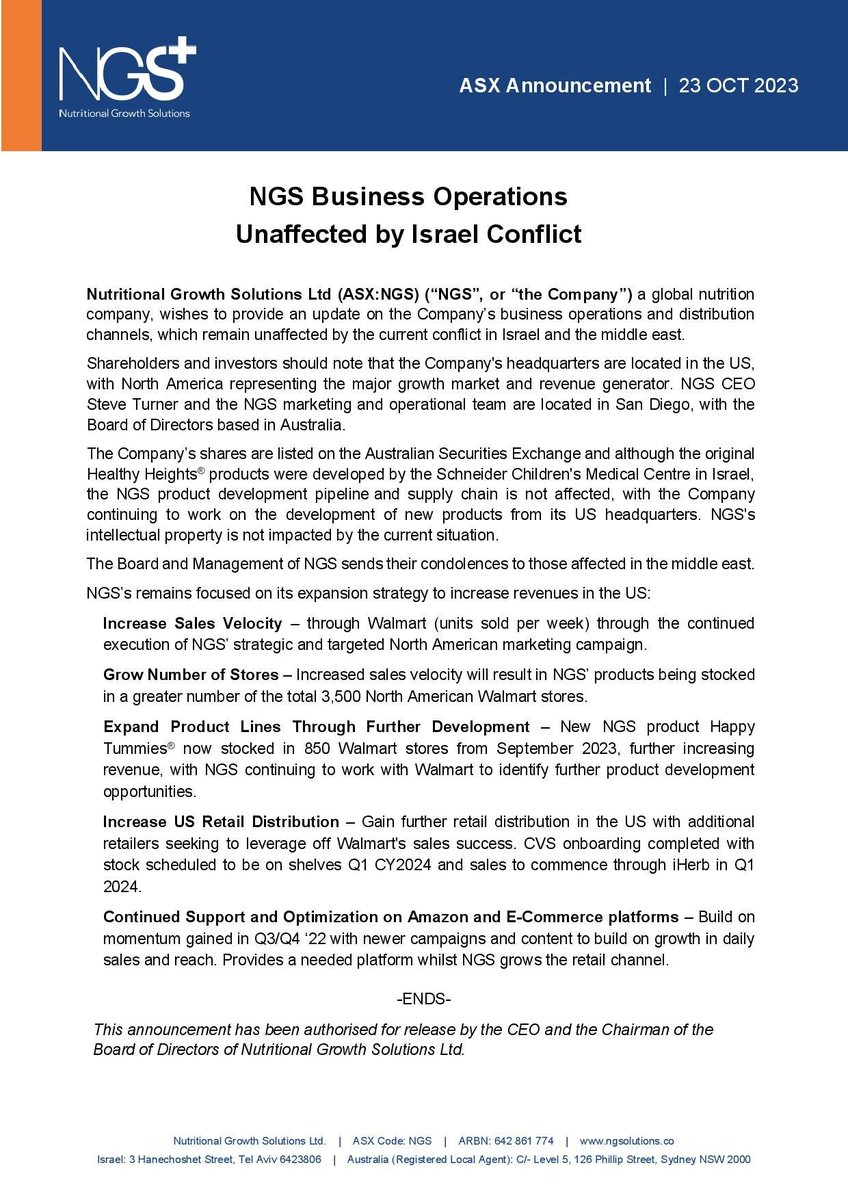 $NGS wishes to provide an update on the Company’s business operations and distribution channels, which remain unaffected by the current conflict in Israel and the middle east. 

Read more: buff.ly/3s7wWh2

$NGS.ax #HealthyHeights #supplements