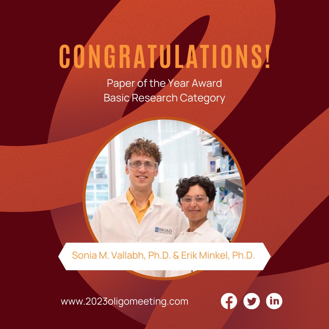 Congratulations to Sonia M. Vallabh, Ph.D., and Erik Minkel, Ph.D., the winners of the OTS Paper of the Year Award - Basic Research Category!  

#ots23 #ots #oligomeeting #oligotherapeutics #biotech #biotechnology #science #research #barcelona <a href="/cureffi/">Eric Vallabh Minikel</a>