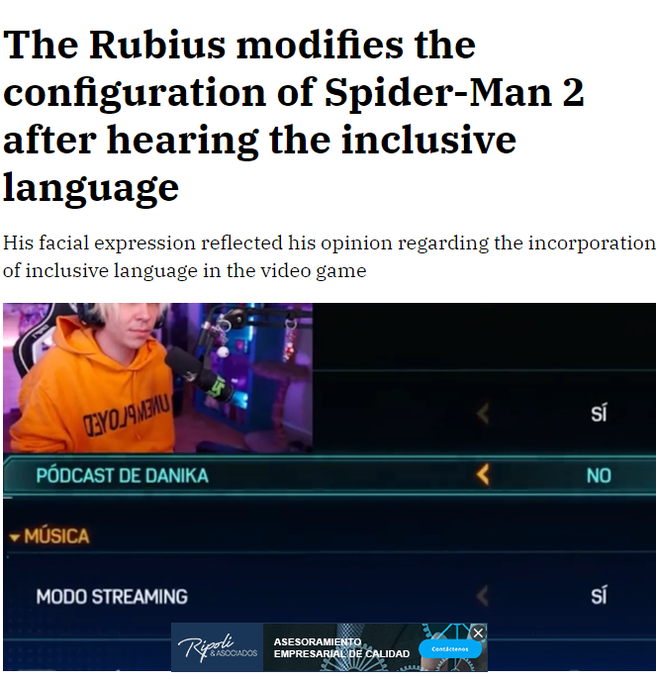 Spanish streamer 'el rubius' was playing spider-man 2 and it had an inclusive spanish dub(like xir/xer but even dumber), so he decided to mute the Voice audio Now he is getting cancelled by Spanish feminist twitter, for like the 10th time.