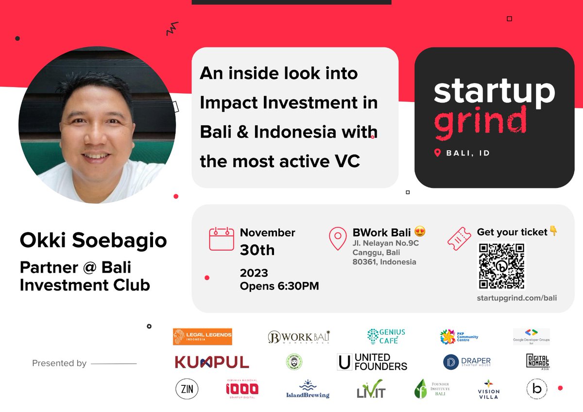 SGrindBali's tweet photo. 🌟 Explore Impact Investment in Indonesia with us on Nov 30th. Let's drive positive change together! 

🎟️ Register: https://t.co/T1UI5WsxrC

#ImpactInvestment #BaliInvestmentClub #bali #denpasar #investment #invest #founder #startup #startups #startupgrind #startupgrindbali #tech https://t.co/YlhTAkbapw