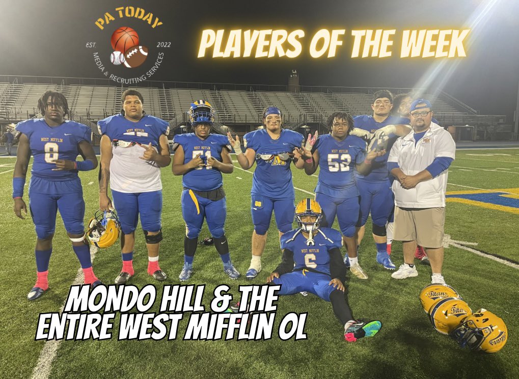 PA_TodaySports's tweet photo. PA Today Players of the Week (Small School) goes to @ArmandHill_2 and the entire @WestMifflinArea OL.
@ArmandHill_2. @bwalker_wm. @RicoSteele_. @Juice_55_OTM. @RodSteele16. @Vincenzo_Steele.  line is open if anyone wants to call in to on this weeks episode. Congrats boys! https://t.co/ZjT265NQgC