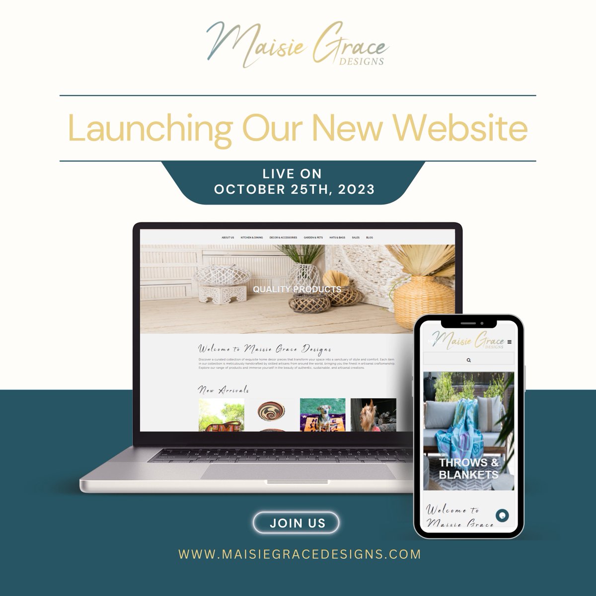 🎉 Exciting News! We're Launching Our New Website on October 20th, 2023! 🚀

 #MaisieGraceDesigns   #handcrafted #handcraftedproducts #homedecor #homedecorproducts  #newwebsite #newwebsitelaunch #newwebsite #artisanalproducts #WebsiteLaunch