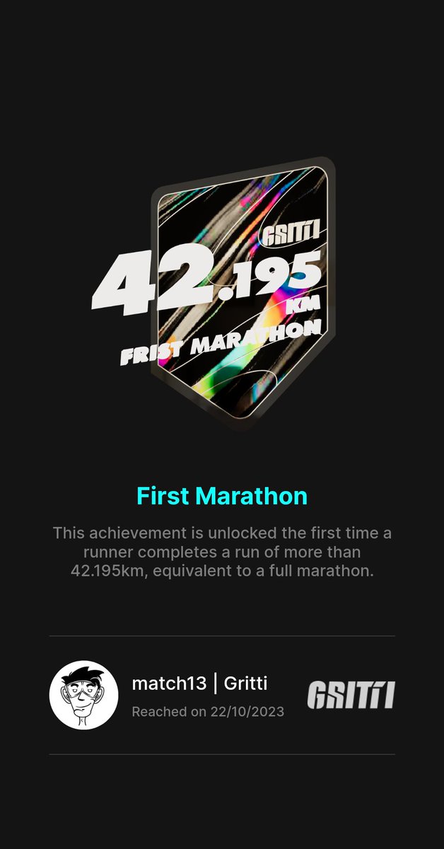 match13_runner's tweet photo. マラソン中、Grittiアプリを起動し続けてFull Marathon Badgeをゲットしました😁
#Gritti #Metathon @GrittiApp https://t.co/Ia9qlTeEsQ