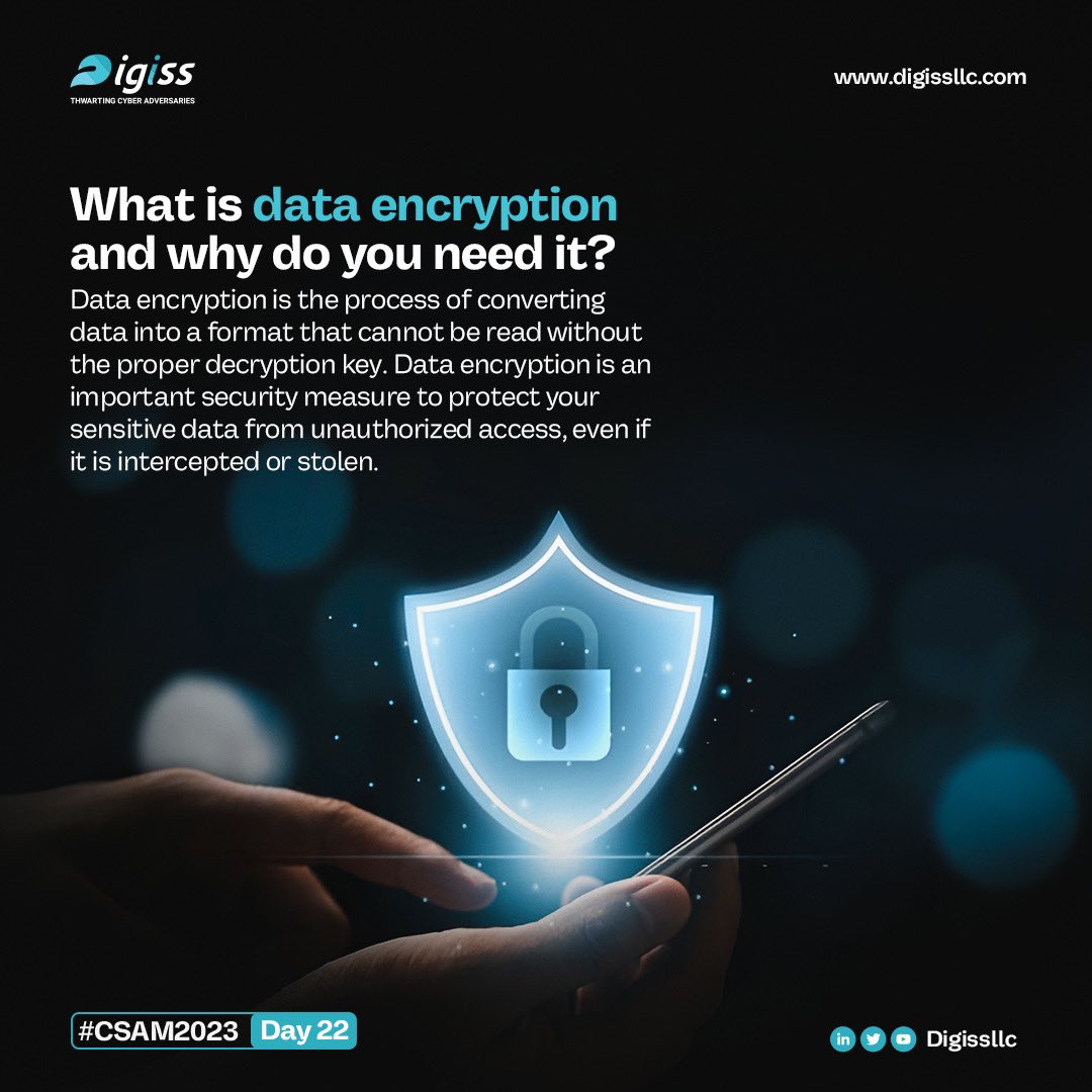 Digissllc's tweet image. Encryption is an essential cyber security control used to preserve the “C” &amp;amp; “I” elements of the CIA triad of Confidentiality, Integrity and Availability. Every organization saddled with the responsibility of protecting sensitive information MUST….. 🧵

 #CSAM23