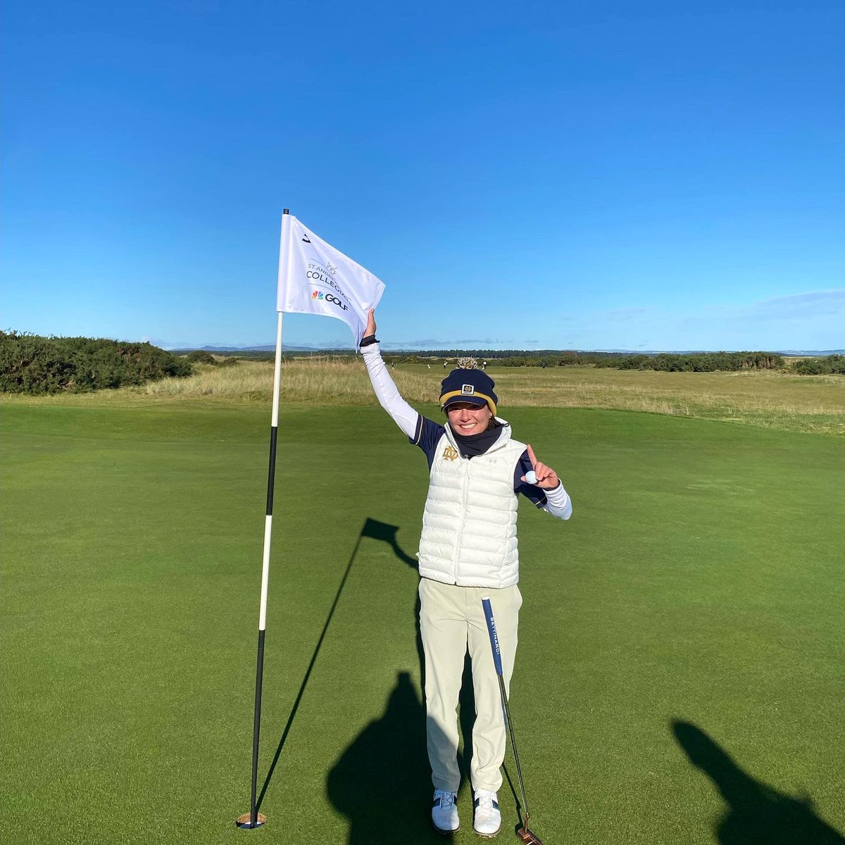 NDwomensGolf's tweet photo. Mimi Burton (Fresh) got a hole-in-one on the Jubilee Golf Course during our Practice Round! Hole #5, 8 iron - could not see the cup. 

We ended our day with a walk through practice round on The Old Course. Let’s get this event started! #HereComeTheIrish ✨ https://t.co/AZlMPQdtXj