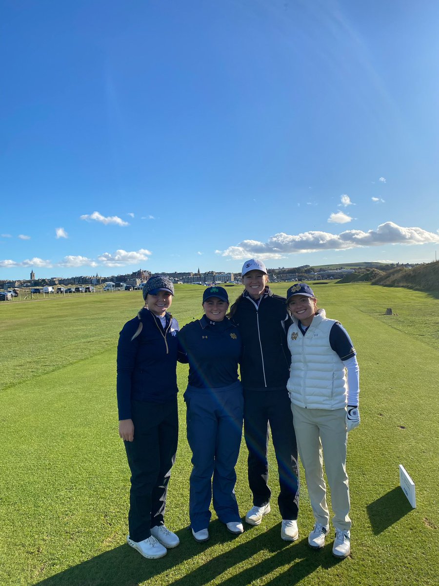 NDwomensGolf's tweet photo. Mimi Burton (Fresh) got a hole-in-one on the Jubilee Golf Course during our Practice Round! Hole #5, 8 iron - could not see the cup. 

We ended our day with a walk through practice round on The Old Course. Let’s get this event started! #HereComeTheIrish ✨ https://t.co/AZlMPQdtXj