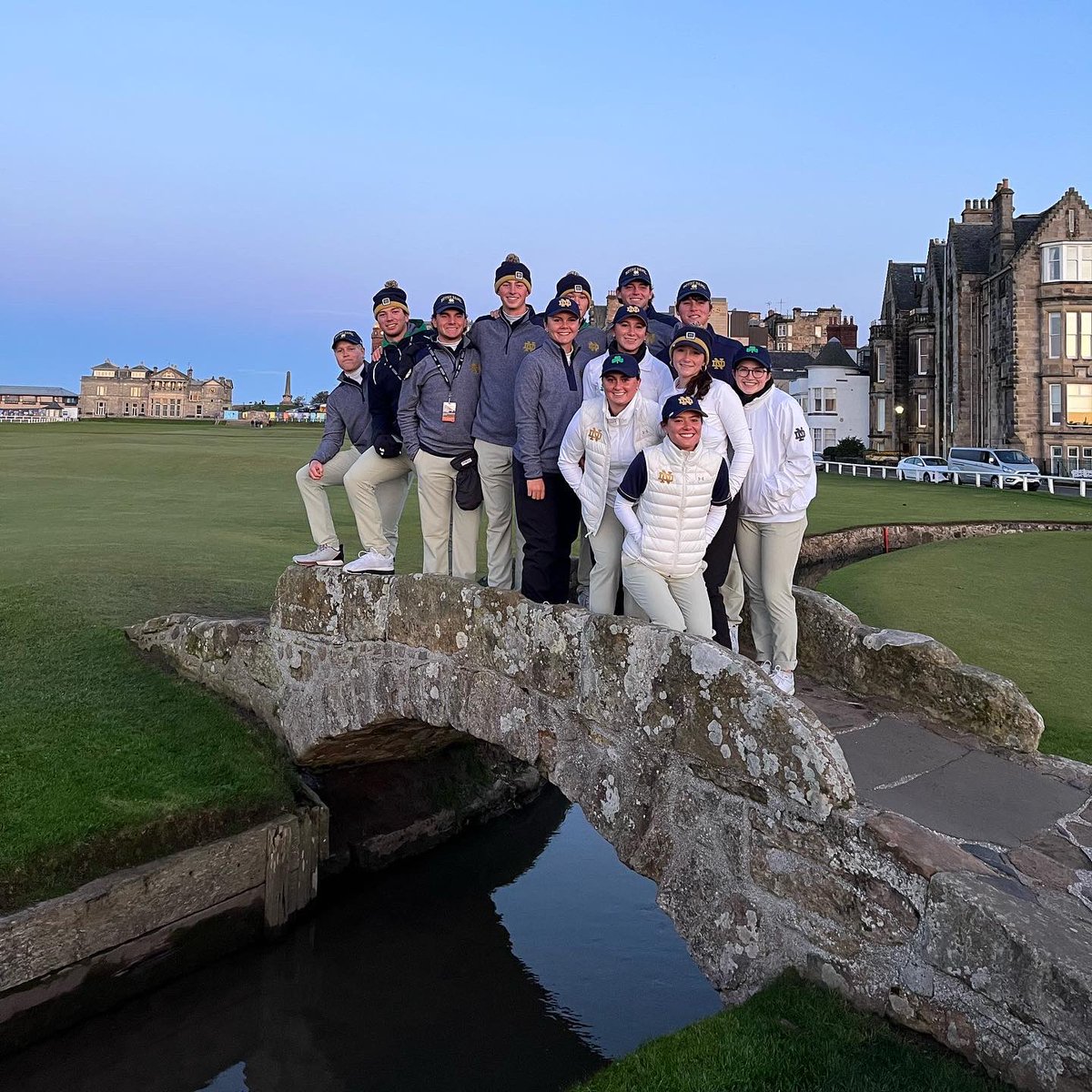NDwomensGolf's tweet photo. Mimi Burton (Fresh) got a hole-in-one on the Jubilee Golf Course during our Practice Round! Hole #5, 8 iron - could not see the cup. 

We ended our day with a walk through practice round on The Old Course. Let’s get this event started! #HereComeTheIrish ✨ https://t.co/AZlMPQdtXj
