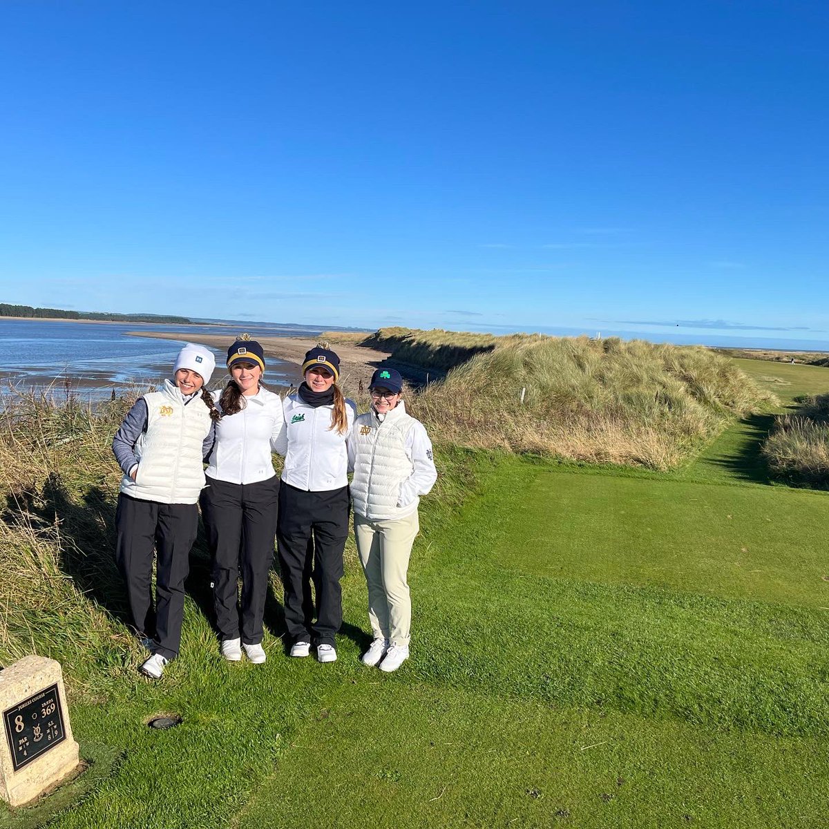 NDwomensGolf's tweet photo. Mimi Burton (Fresh) got a hole-in-one on the Jubilee Golf Course during our Practice Round! Hole #5, 8 iron - could not see the cup. 

We ended our day with a walk through practice round on The Old Course. Let’s get this event started! #HereComeTheIrish ✨ https://t.co/AZlMPQdtXj