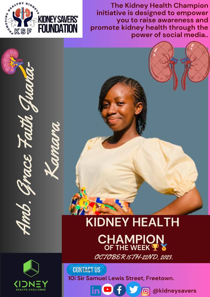 KidneySavers's tweet photo. Meet "Grace Juana-Kamara". Winner of the weekly #KidneyHealth #Champion #social #media #challenge initiative. 
As an aspiring Medical doctor and astute #kidneyhealth #ambassador, your commitment is commendable. 
#Congratulations.
#kidneysavers
@KidneyFund 
@mohs_sl 
@DembyAustin https://t.co/KqehJ7mLc5