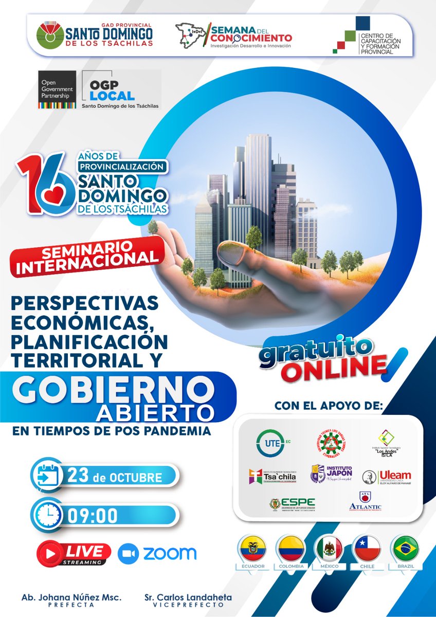 isaacepunam's tweet photo. El Seminario Internacional Perspectivas Económicas, Planificación Territorial y Gobierno Abierto en tiempos de Pospandemia abre la #SemanaDelConocimiento del @GadTsachilas. Participarán expertos de México, Brasil, Chile, Colombia y Ecuador. Inscripciones: https://t.co/8FgehA8IFL https://t.co/9PXbpRMXvm