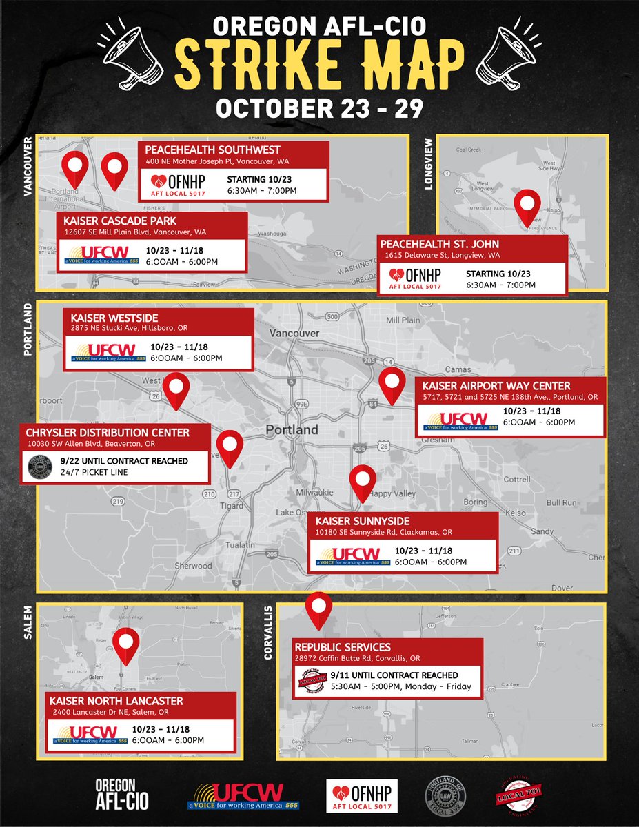OregonAFLCIO's tweet image. Tomorrow, another wave of #Strikes will hit the Pacific Northwest.  

Check out our updated #StrikeMap to find out when and where workers are picketing.

➡️ @OFNHP
➡️ @UFCW555
➡️ @UAWLocal492
➡️ #IUOE Local 701