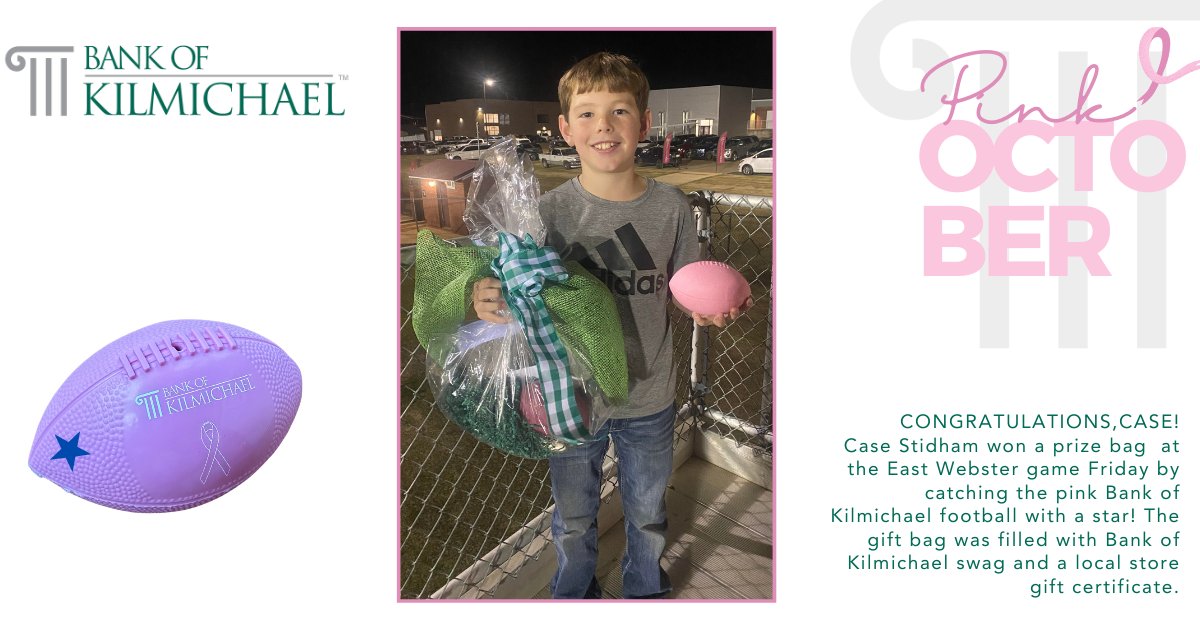 BKilmichael's tweet photo. Congratulations, Case Stidham! 🏈
In honor of Breast Cancer Awareness month, the Bank of Kilmichael sponsored Pink Spirit Footballs at East Webster High School Friday night. 
https://t.co/WztOv7QPF4
Member FDIC - Equal Housing Lender https://t.co/Nogj0aTYFC