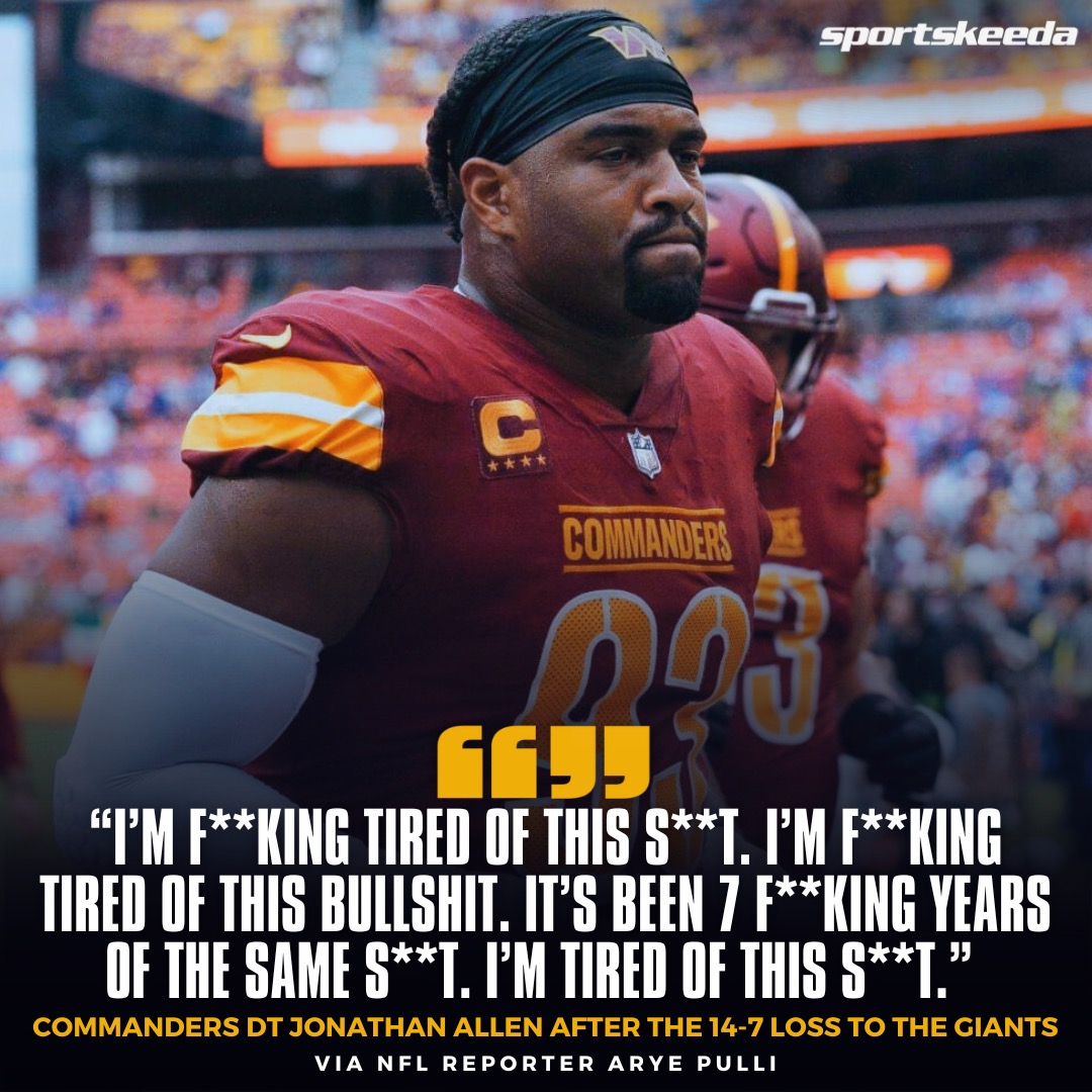 SKProFootball's tweet photo. Jonathan Allen is not having fun anymore (via @AryePulli)
#NFL #JonathanAllen #Washington #Commanders https://t.co/9mGVKay0IF