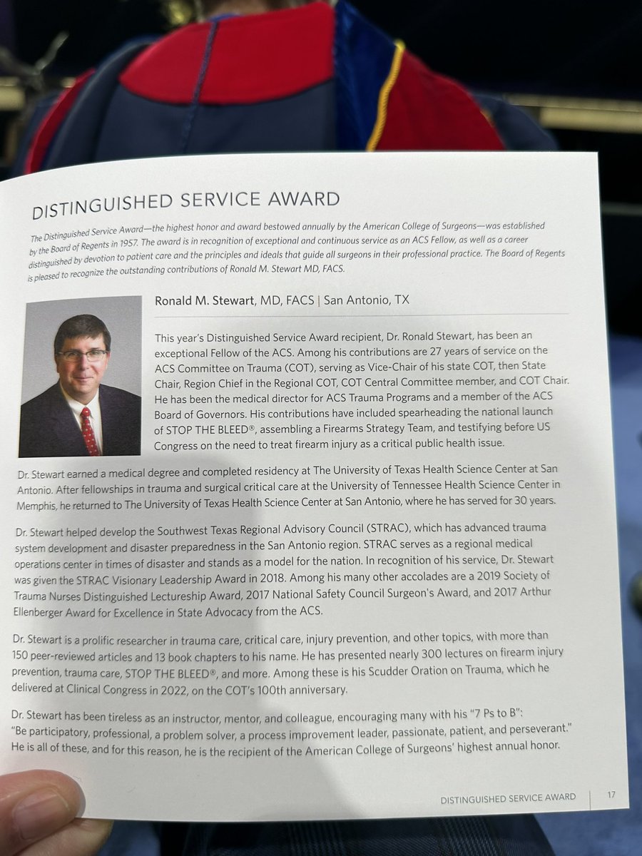 Congratulations Dr. @Stewartr84 on your very well-deserved recognition with the @AmCollSurgeons distinguished service award #ACSCC23 @acsTrauma @UTSanAntonio @UTHealthACS @acsSTOPTHEBLEED @STXACS