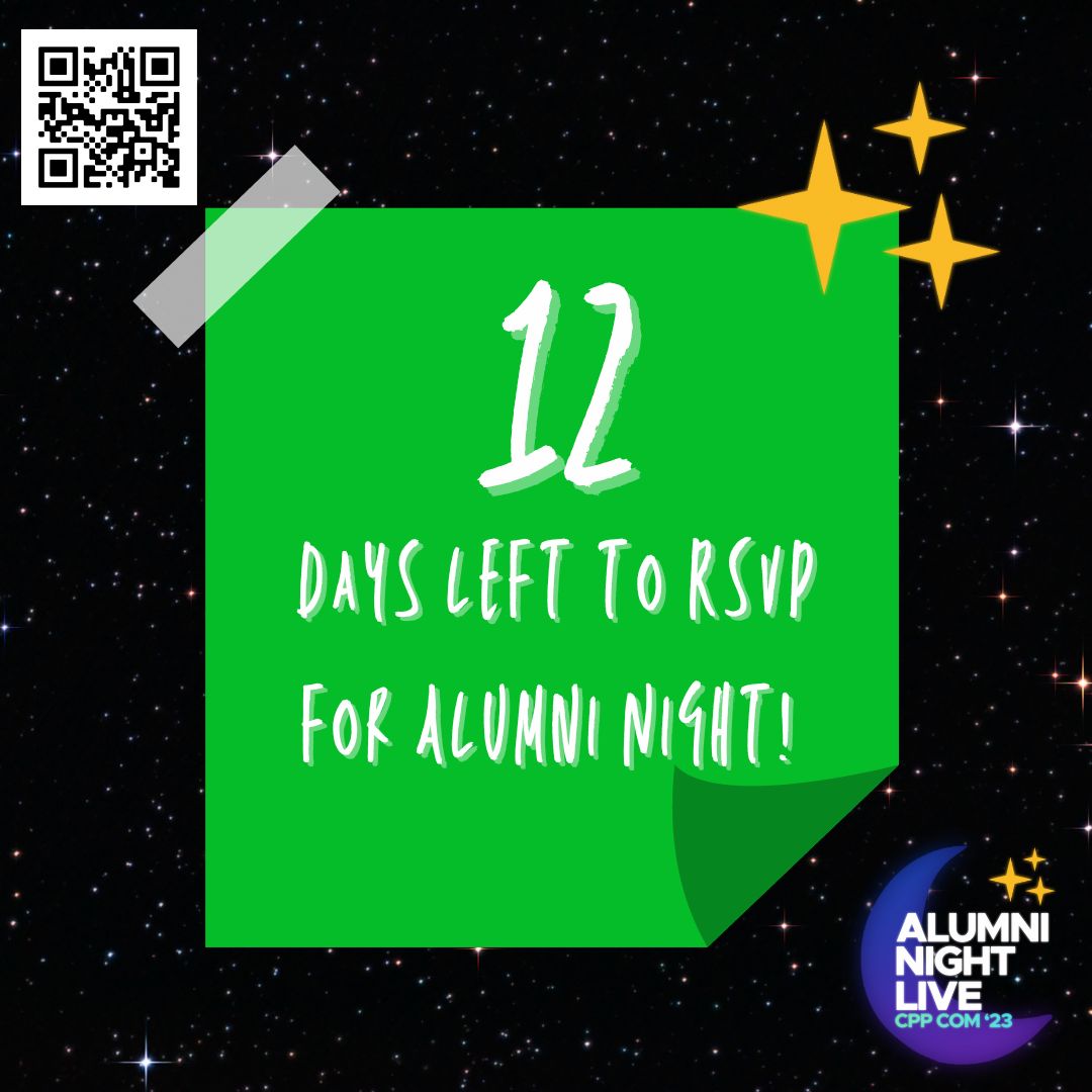 cppeventsplan's tweet image. Only 12 days left until Alumni Night! 🌙
Follow the link or scan the QR code to get your ticket and join us for some special memories 🤩
Buy your ticket here: ow.ly/hTYG50PYPFf 🎟️