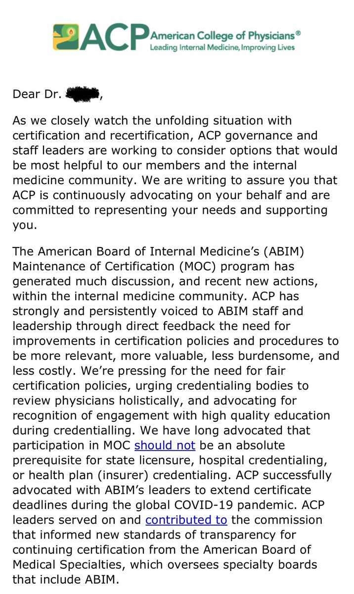 doctorwes's tweet image. ACP joins the fray, sending a “we’re watching” letter to US internists as they try to decide what they should do about ABIM and the harms time-limited certification has had on US internists.